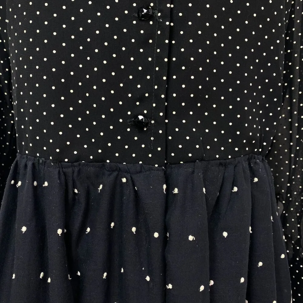 Vtg Black White Embroidered Dress XL Polka Dots Button Front Long Sleeves Boho